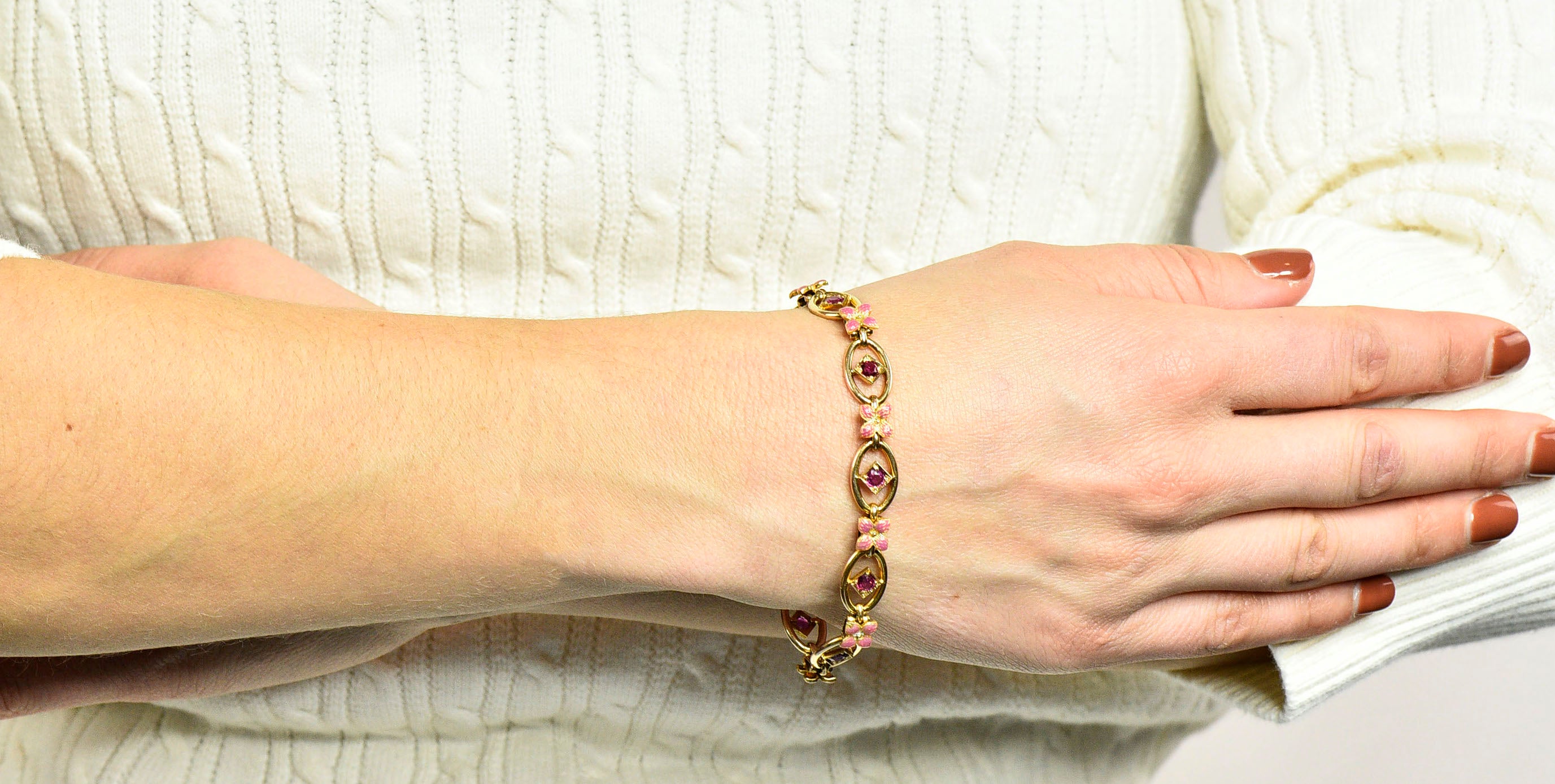 Art Nouveau Ruby Enamel 18 Karat Gold Flower Link Braceletbracelet - Wilson's Estate Jewelry
