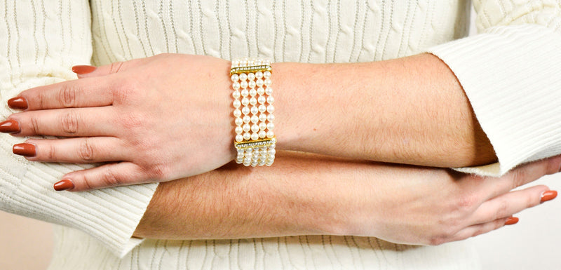 Contemporary Diamond Cultured Pearl 18 Karat Gold Five Strand Braceletbracelet - Wilson's Estate Jewelry