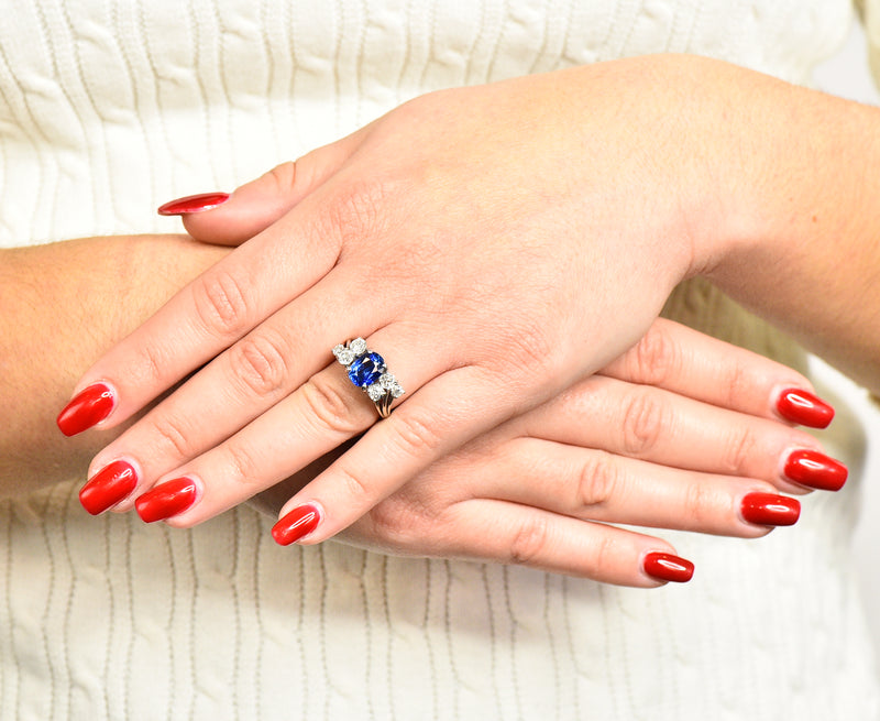 Retro 4.72 CTW No Heat Ceylon Sapphire Diamond 14 Karat White Gold Bypass Cluster Ring GIARing - Wilson's Estate Jewelry
