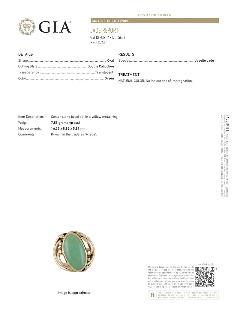 Art Nouveau Jadeite Jade Cabochon 14 Karat Gold Band Ring GIARing - Wilson's Estate Jewelry