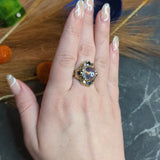 Arts &amp; Crafts Moonstone 1.00 CTW Sapphire 14 Karat Green Gold Floral Ring