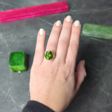 Contemporary 10.51 CTW Oval Cut Peridot Half Moon Step-Cut Diamond Platinum 18 Karat Yellow Gold Three Stone Ring