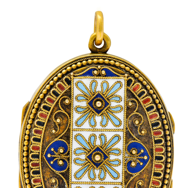 Etruscan Revival Victorian Enamel 14 Karat Gold Beaded Locket Circa 1870Necklace - Wilson's Estate Jewelry