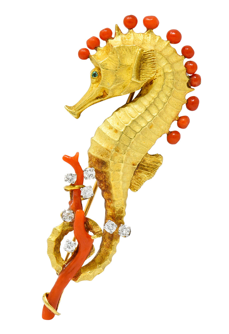 Cartier Vintage Coral Diamond Emerald 18 Karat Gold Seahorse BroochBrooch - Wilson's Estate Jewelry