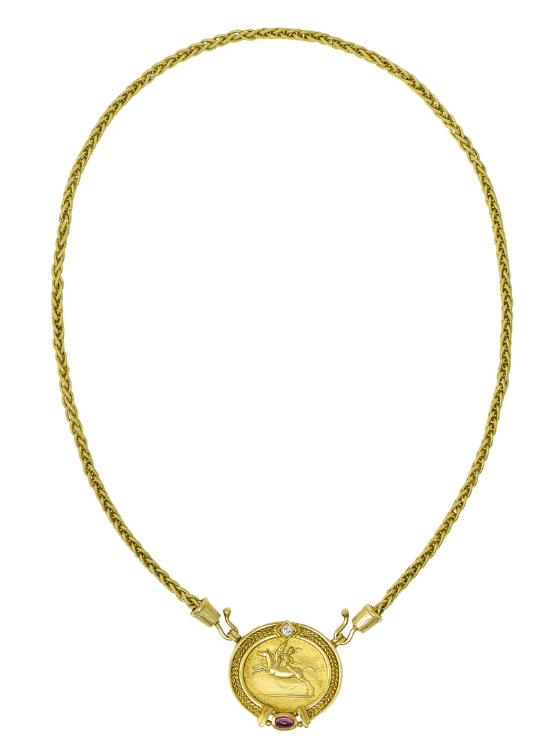 SeidenGang Vintage Diamond Pink Tourmaline 18 Karat Yellow Gold Pegasus Classic Enhancer Pendant Necklace Wilson's Estate Jewelry
