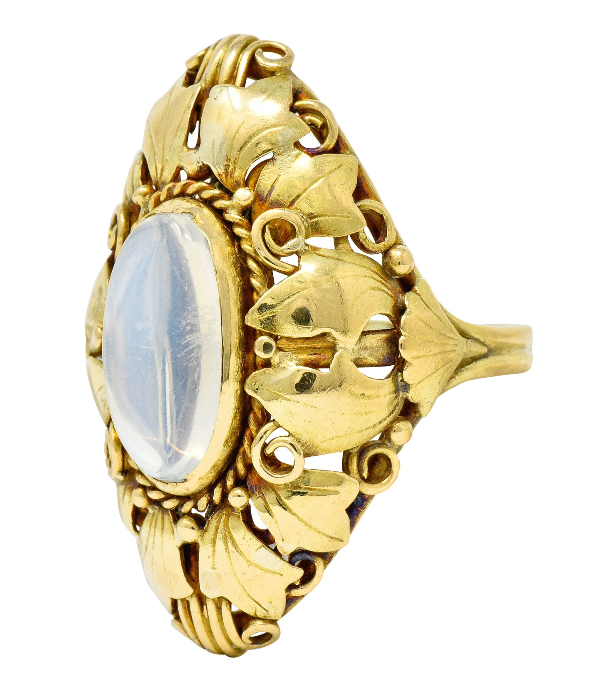 Arts & Crafts Moonstone 18 Karat Gold Layered Foliate Ring - Wilson's Estate Jewelry