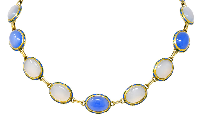 Art Deco Enamel Blue Chalcedony 14 Karat Yellow Gold Gemstone Link Collar Necklace Wilson's Estate Jewelry
