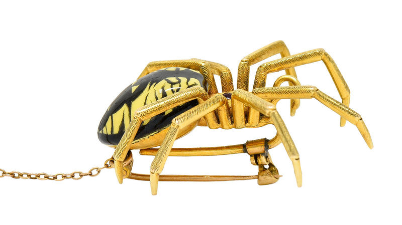 Riker Brothers Enamel Diamond Ruby 14 Karat Gold Spider Art Nouveau BroochBrooch - Wilson's Estate Jewelry