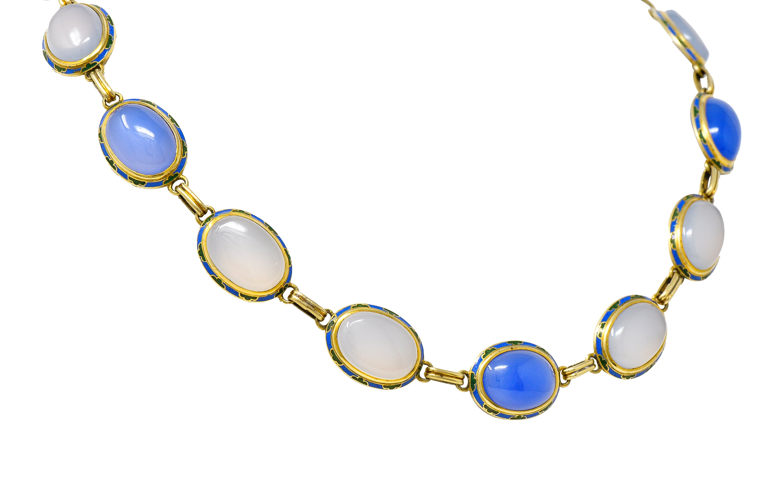 Art Deco Enamel Blue Chalcedony 14 Karat Yellow Gold Gemstone Link Collar Necklace Wilson's Estate Jewelry