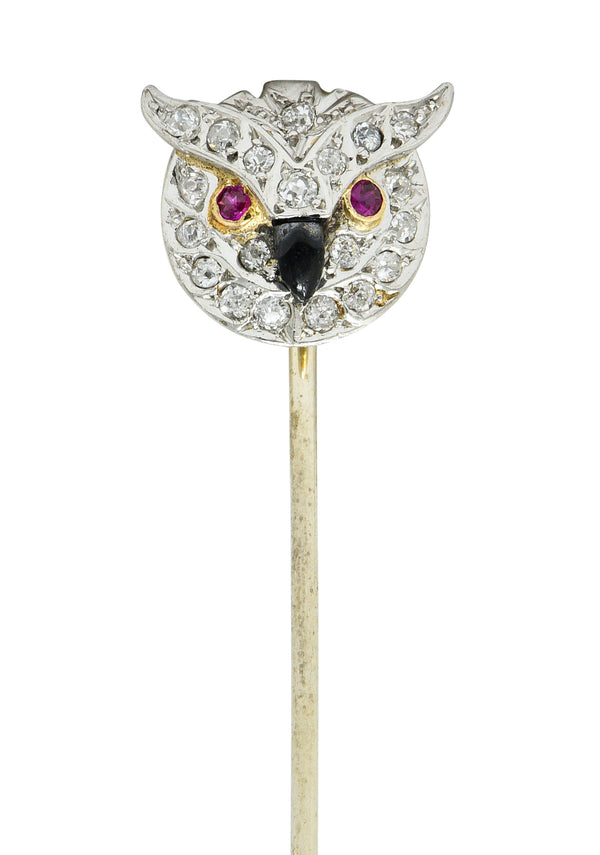 Edwardian Diamond Ruby Onyx Platinum-Topped 14 Karat Gold Owl StickpinStick Pin - Wilson's Estate Jewelry