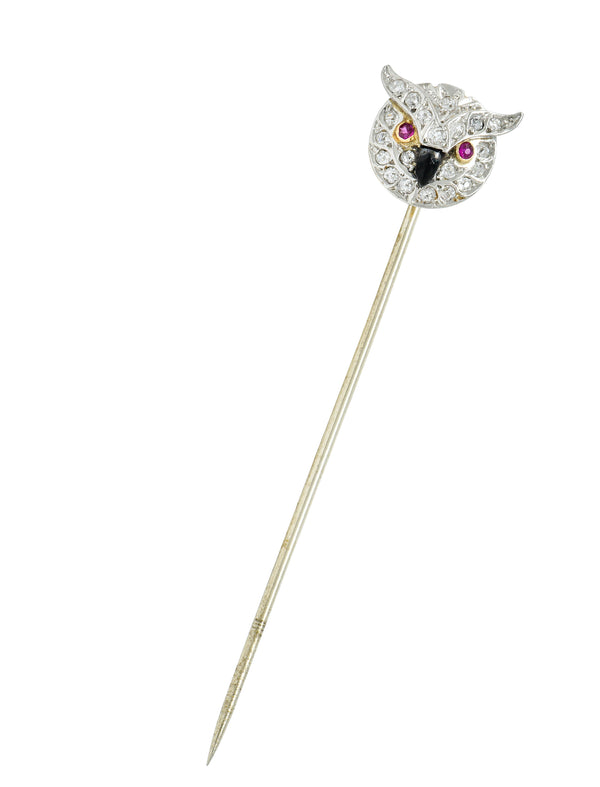 Edwardian Diamond Ruby Onyx Platinum-Topped 14 Karat Gold Owl StickpinStick Pin - Wilson's Estate Jewelry