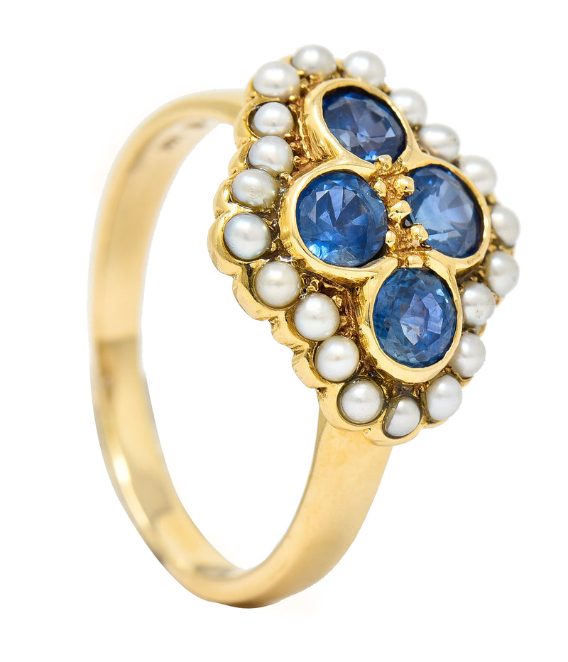 1880's Victorian 1.50 CTW Sapphire Seed Pearl 14 Karat Yellow Gold Antique Cluster Ring Wilson's Estate Jewelry