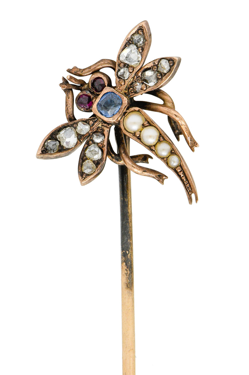 Victorian Pearl Diamond Sapphire Ruby 14 Karat Rose Gold Dragonfly StickpinStick Pin - Wilson's Estate Jewelry