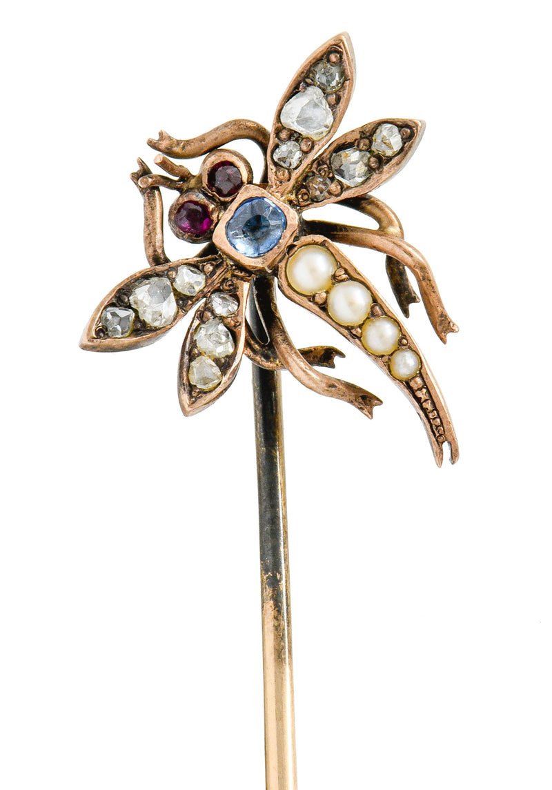 Victorian Pearl Diamond Sapphire Ruby 14 Karat Rose Gold Dragonfly StickpinStick Pin - Wilson's Estate Jewelry