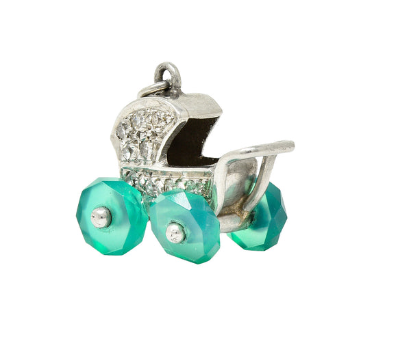 Art Deco Diamond Emerald Platinum Baby Carriage Vintage 1930's Charm Wilson's Estate Jewelry