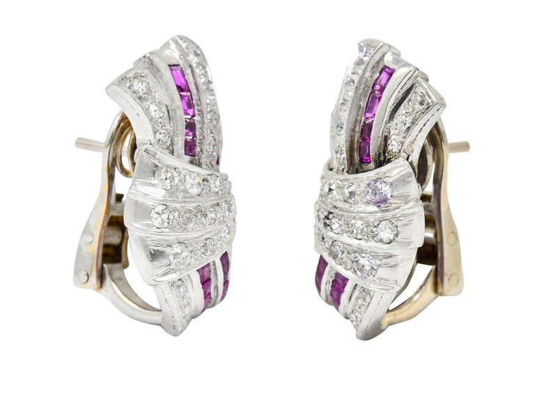 Art Deco 2.25 CTW Ruby Diamond Platinum Flared Earrings Circa 1930Earrings - Wilson's Estate Jewelry