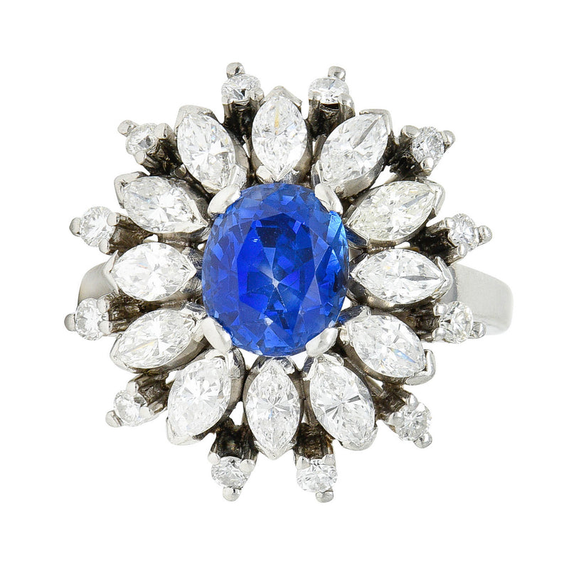 Mid-Century 3.91 CTW No Heat Ceylon Sapphire Diamond Platinum Cluster Ring GIARing - Wilson's Estate Jewelry