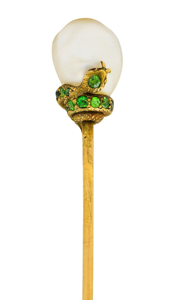 Tiffany & Co. Victorian Baroque Pearl Demantoid Garnet 14 Karat Gold Snake StickpinStick Pin - Wilson's Estate Jewelry