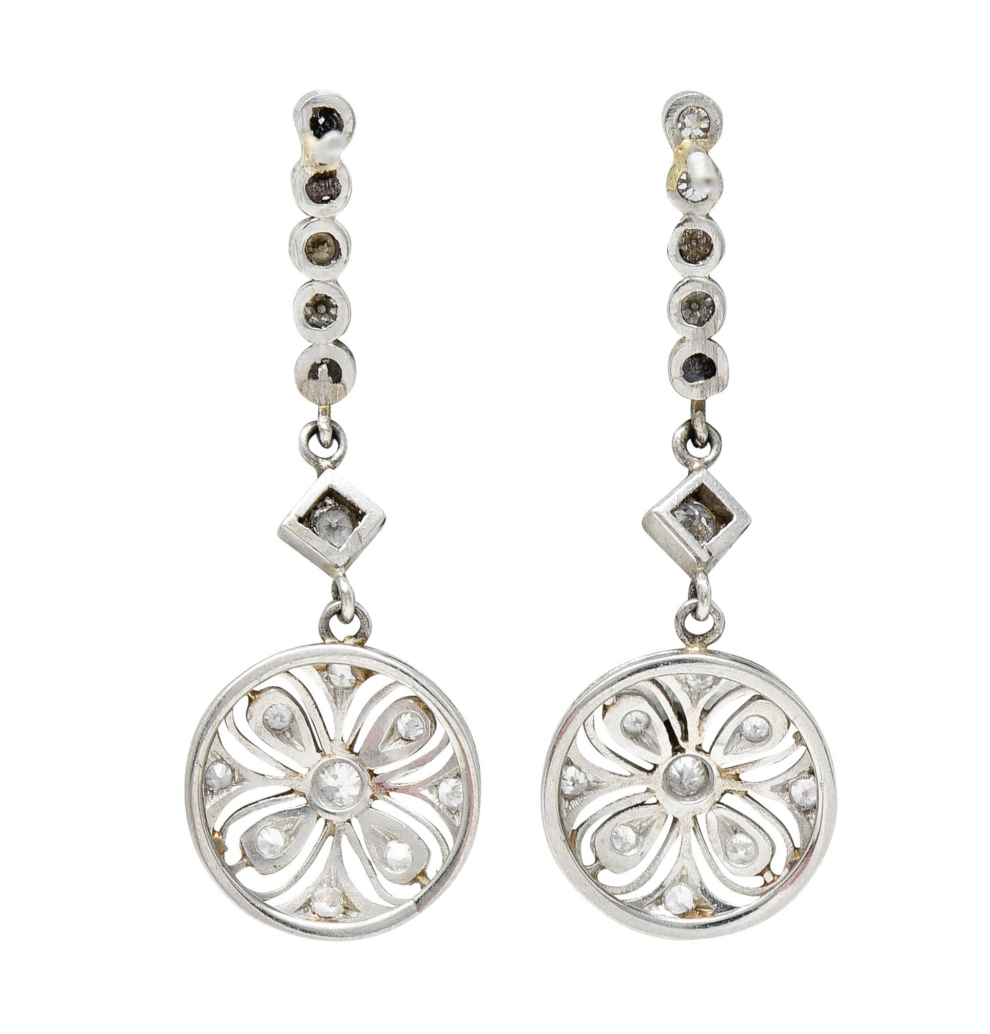 Art Deco Old European Cut Diamond Platinum Flower Drop EarringsEarrings - Wilson's Estate Jewelry