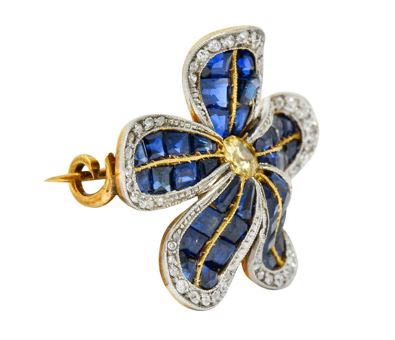 Edwardian 4.32 CTW Sapphire Fancy Colored Diamond Platinum-Topped 18 Karat Gold Flower BroochBrooch - Wilson's Estate Jewelry