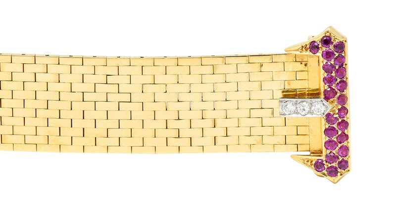 Cartier Retro Ruby Diamond Platinum 14 Karat Yellow Gold Woven Mesh Belt Buckle Vintage Bracelet Wilson's Estate Jewelry