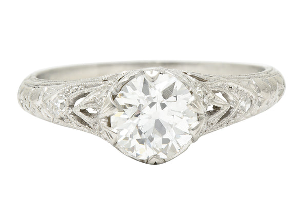 Antique Art Deco 1.27 CTW Old European Cut Diamond Platinum Floral Engagement Ring Wilson's Estate Jewelry