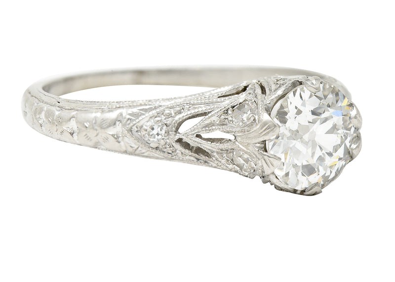 Antique Art Deco 1.27 CTW Old European Cut Diamond Platinum Floral Engagement Ring Wilson's Estate Jewelry