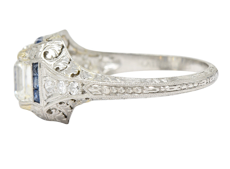 Art Deco 1.60 CTW Asscher Diamond Sapphire Platinum Engagement Ring Wilson's Estate Jewelry