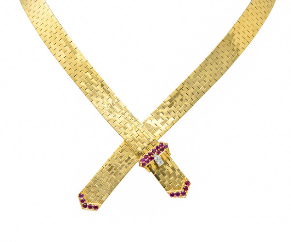 Tiffany & Co. Retro Ruby Diamond 14 Karat Gold Buckle Collar NecklaceNecklace - Wilson's Estate Jewelry