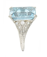 Art Deco 13.08 CTW Emerald Cut Aquamarine Diamond Platinum Vintage Cocktail Ring Wilson's Estate Jewelry