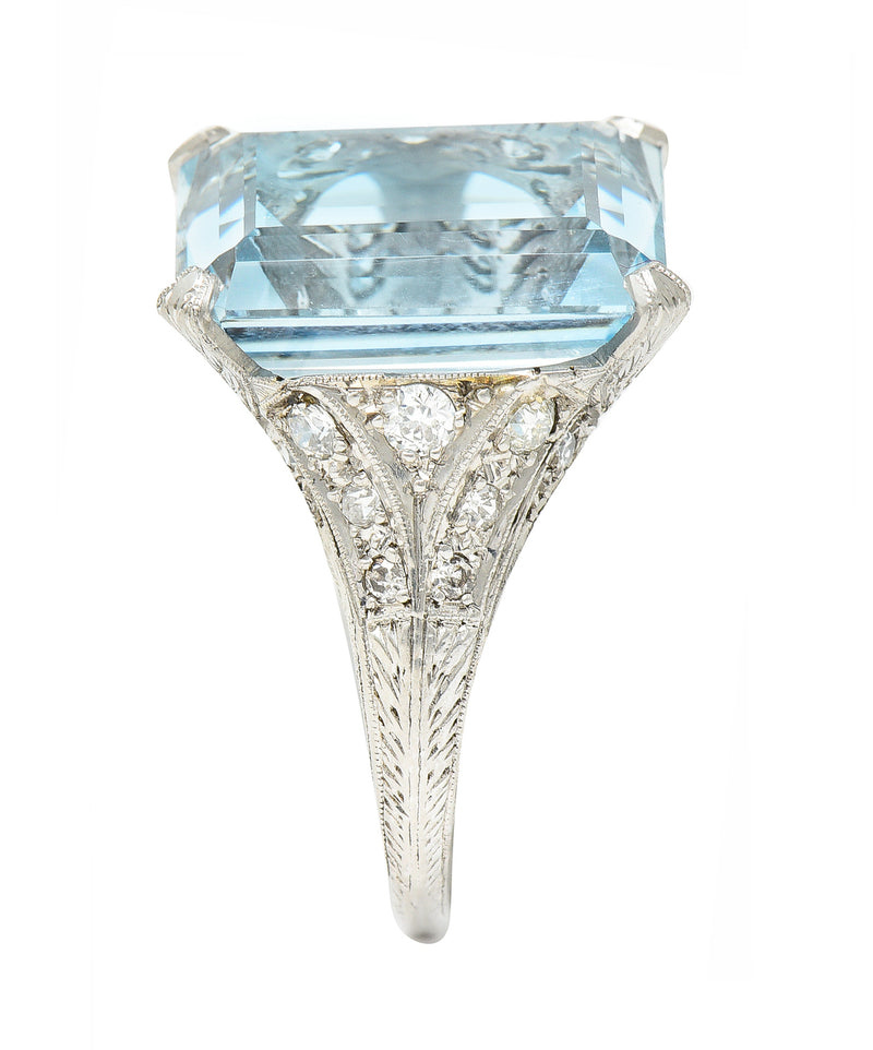 Art Deco 13.08 CTW Emerald Cut Aquamarine Diamond Platinum Vintage Cocktail Ring Wilson's Estate Jewelry