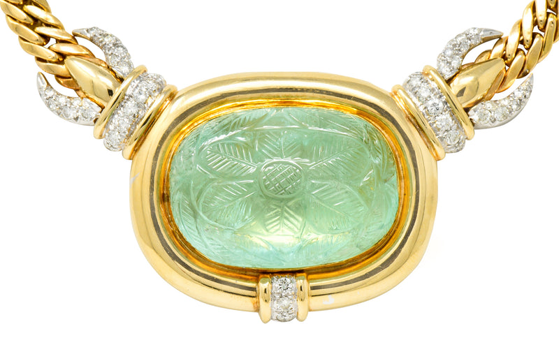 Vintage Diamond Carved Emerald 14 Karat Gold Floral Station Collar Necklace - Wilson's Estate Jewelry