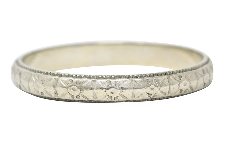 1930's Bristol Ring Co. Art Deco 18 Karat White Gold Unisex Flower Band Ring Wilson's Estate Jewelry