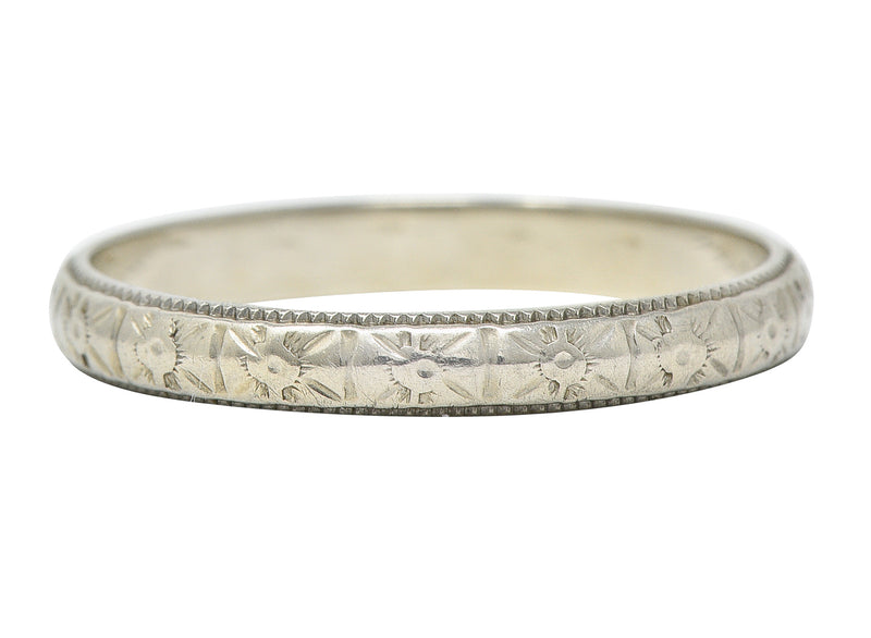 1930's Bristol Ring Co. Art Deco 18 Karat White Gold Unisex Flower Band Ring Wilson's Estate Jewelry