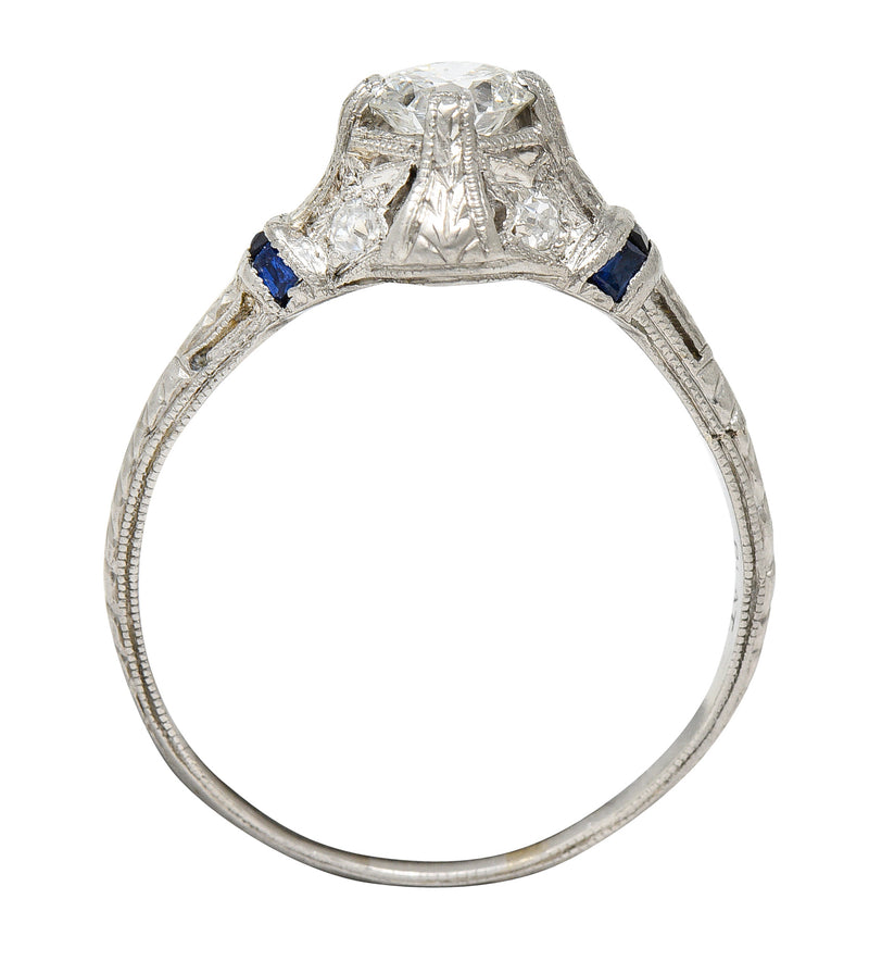 Art Deco 0.48 CTW Diamond Sapphire Platinum Foliate Engagement Ring Wilson's Estate Jewelry