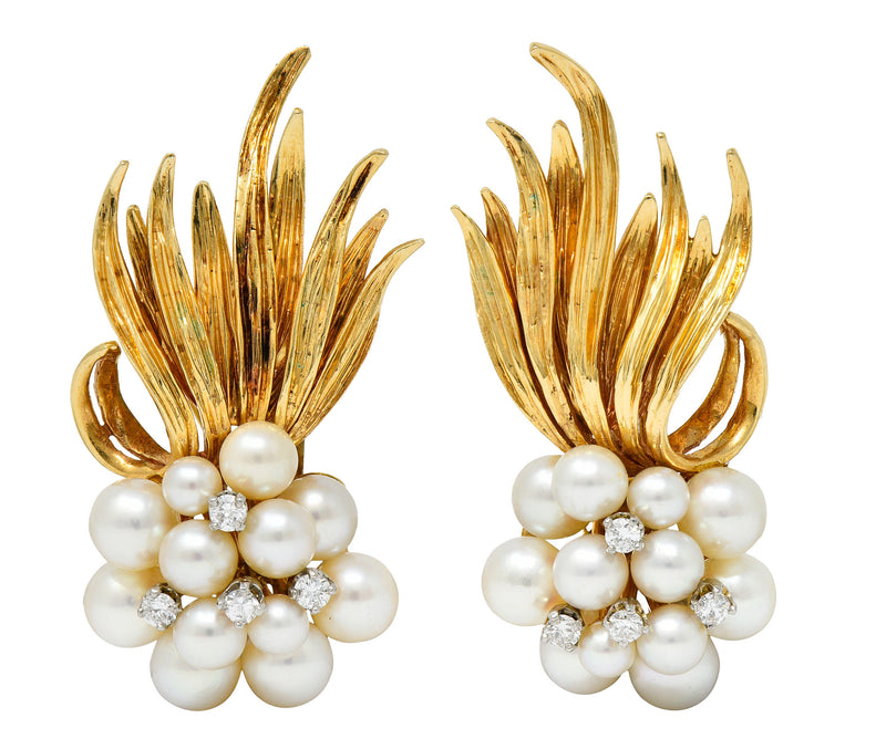 1950's Mid-Century Pearl Diamond 14 Karat Gold Cluster Ear-Clip EarringsEarrings - Wilson's Estate Jewelry