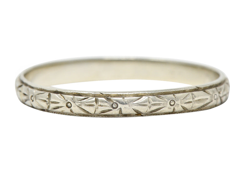 1920's Art Deco 18 Karat White Gold Sunburst Unisex Antique Wedding Band Ring Wilson's Estate Jewelry