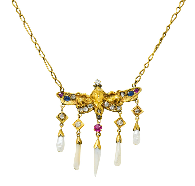 Art Nouveau Diamond Ruby Sapphire Pearl 14 Karat Gold Droplet NecklaceNecklace - Wilson's Estate Jewelry