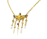 Art Nouveau Diamond Ruby Sapphire Pearl 14 Karat Gold Droplet NecklaceNecklace - Wilson's Estate Jewelry
