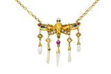 Art Nouveau Diamond Ruby Sapphire Pearl 14 Karat Gold Droplet NecklaceNecklace - Wilson's Estate Jewelry