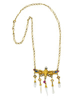Art Nouveau Diamond Ruby Sapphire Pearl 14 Karat Gold Droplet NecklaceNecklace - Wilson's Estate Jewelry