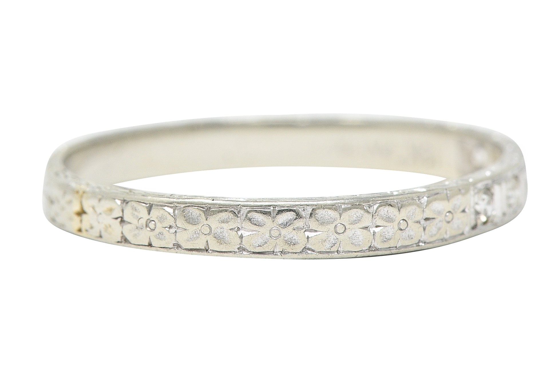 1920's Art Deco Single Cut Diamond 18 Karat White Gold Unisex Orange Blossom Band Ring Wilson's Estate Jewelry