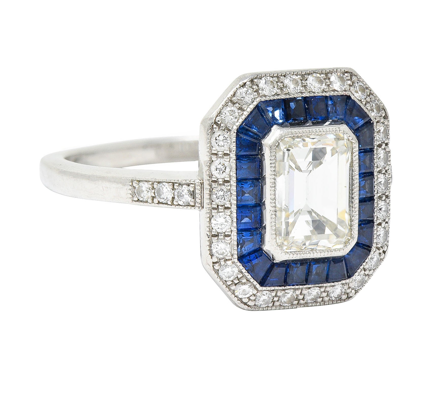 Vintage 2.20 CTW Emerald Cut Diamond Sapphire Platinum Halo Engagement RingRing - Wilson's Estate Jewelry