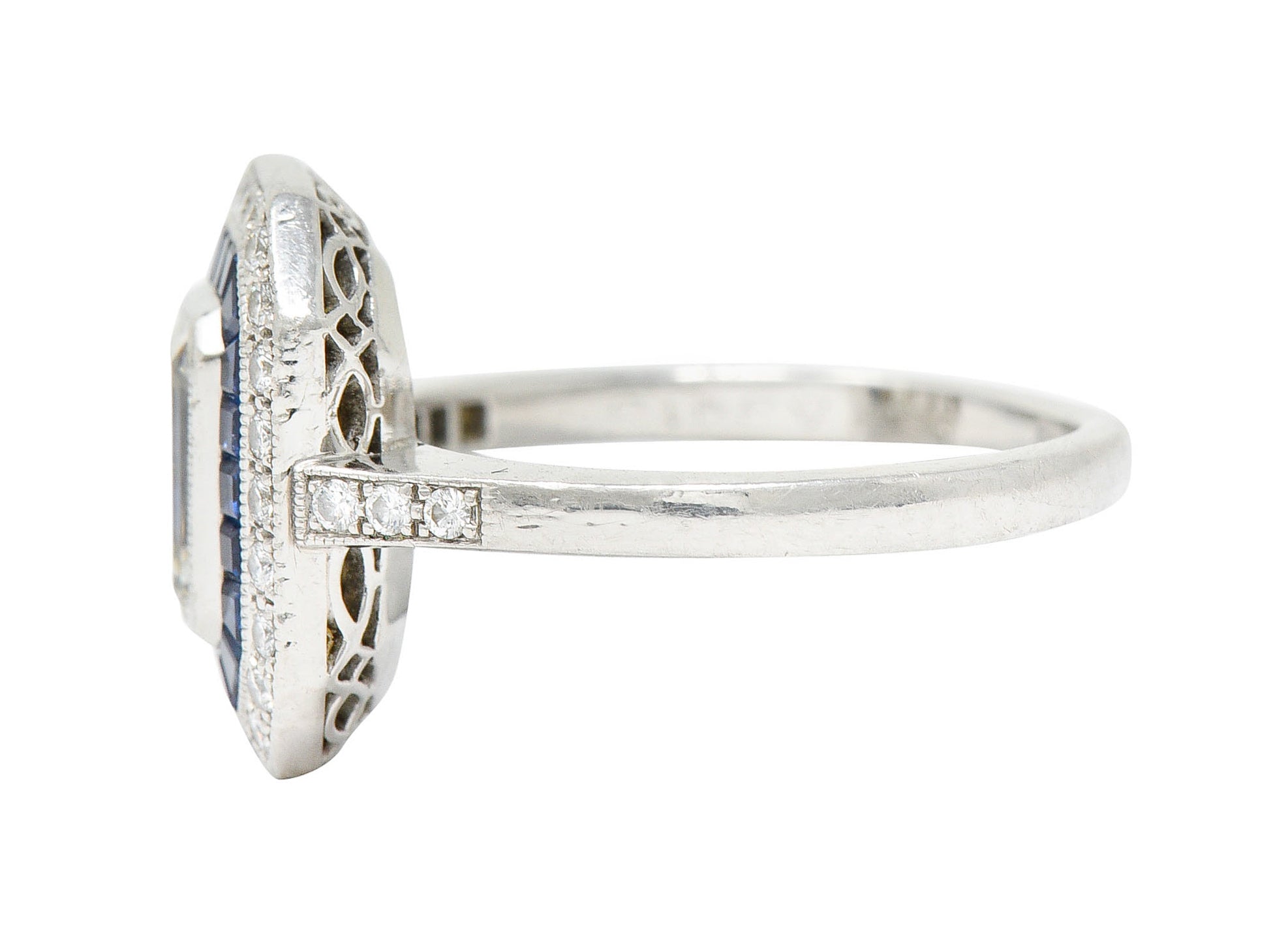 Vintage 2.20 CTW Emerald Cut Diamond Sapphire Platinum Halo Engagement RingRing - Wilson's Estate Jewelry