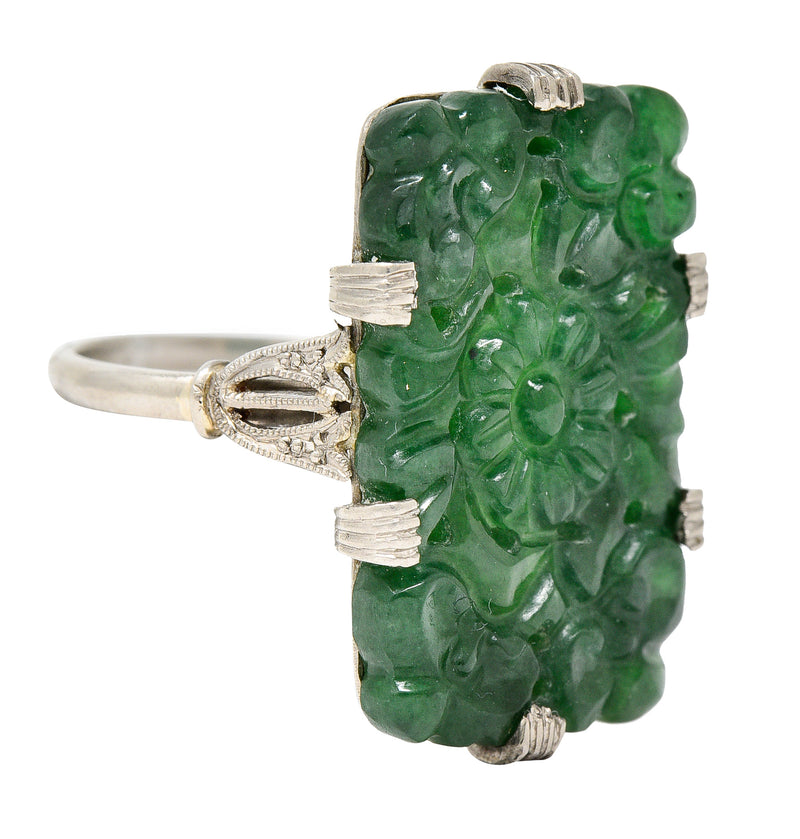 Art Deco Carved Jade Platinum Floral Statement Antique Ring Wilson's Estate Jewelry