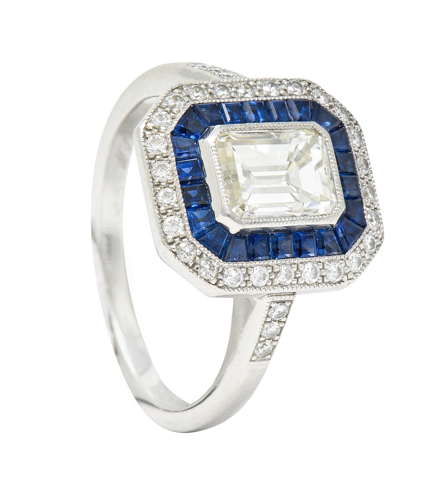 Vintage 2.20 CTW Emerald Cut Diamond Sapphire Platinum Halo Engagement RingRing - Wilson's Estate Jewelry