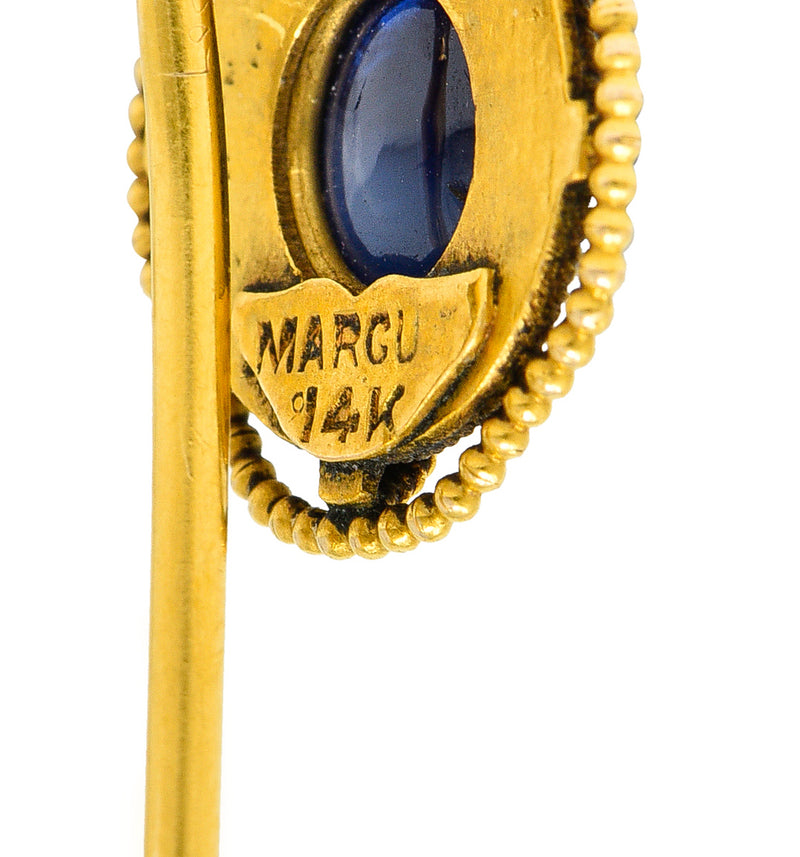 Vintage 10k Yellow Gold Blue Stone Stick Pin Art Nouveau, Circa