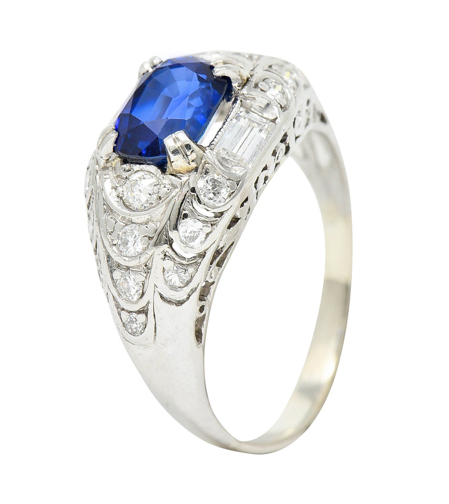 Art Deco 2.24 CTW No Heat Madagascar Sapphire Diamond Platinum Scalloped RingRing - Wilson's Estate Jewelry