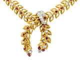 1950's Mid-Century 8.91 CTW Diamond Ruby Platinum 18 Karat Gold Foliate Link Lariat Necklace - Wilson's Estate Jewelry