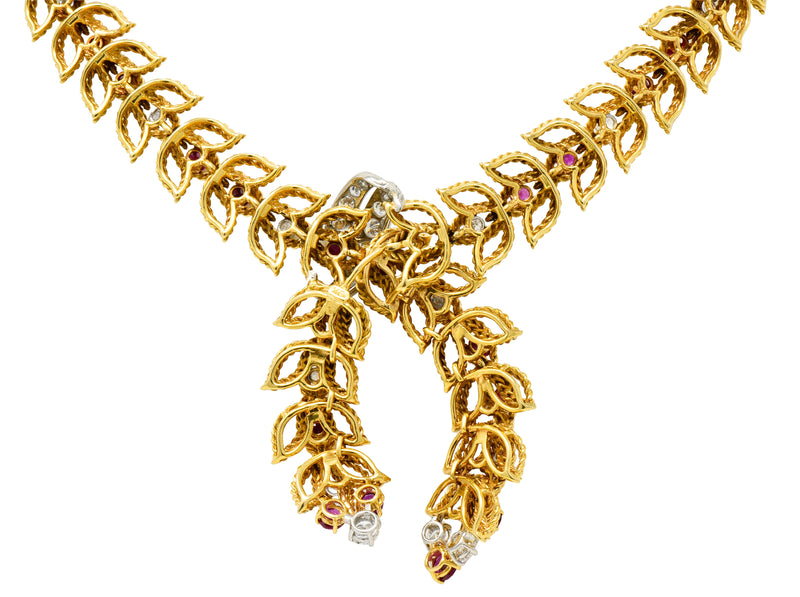 1950's Mid-Century 8.91 CTW Diamond Ruby Platinum 18 Karat Gold Foliate Link Lariat Necklace - Wilson's Estate Jewelry